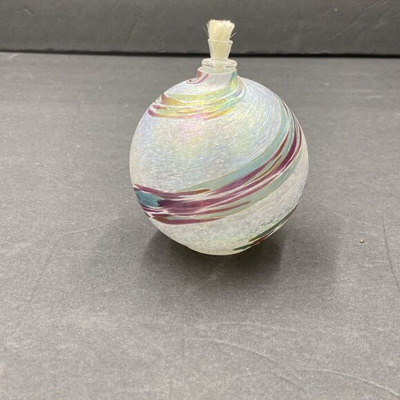 Art Glass Hand Blown Oil Lamp Round White Iridescent Green Pink Swirl w Wick - Picture 2 of 9